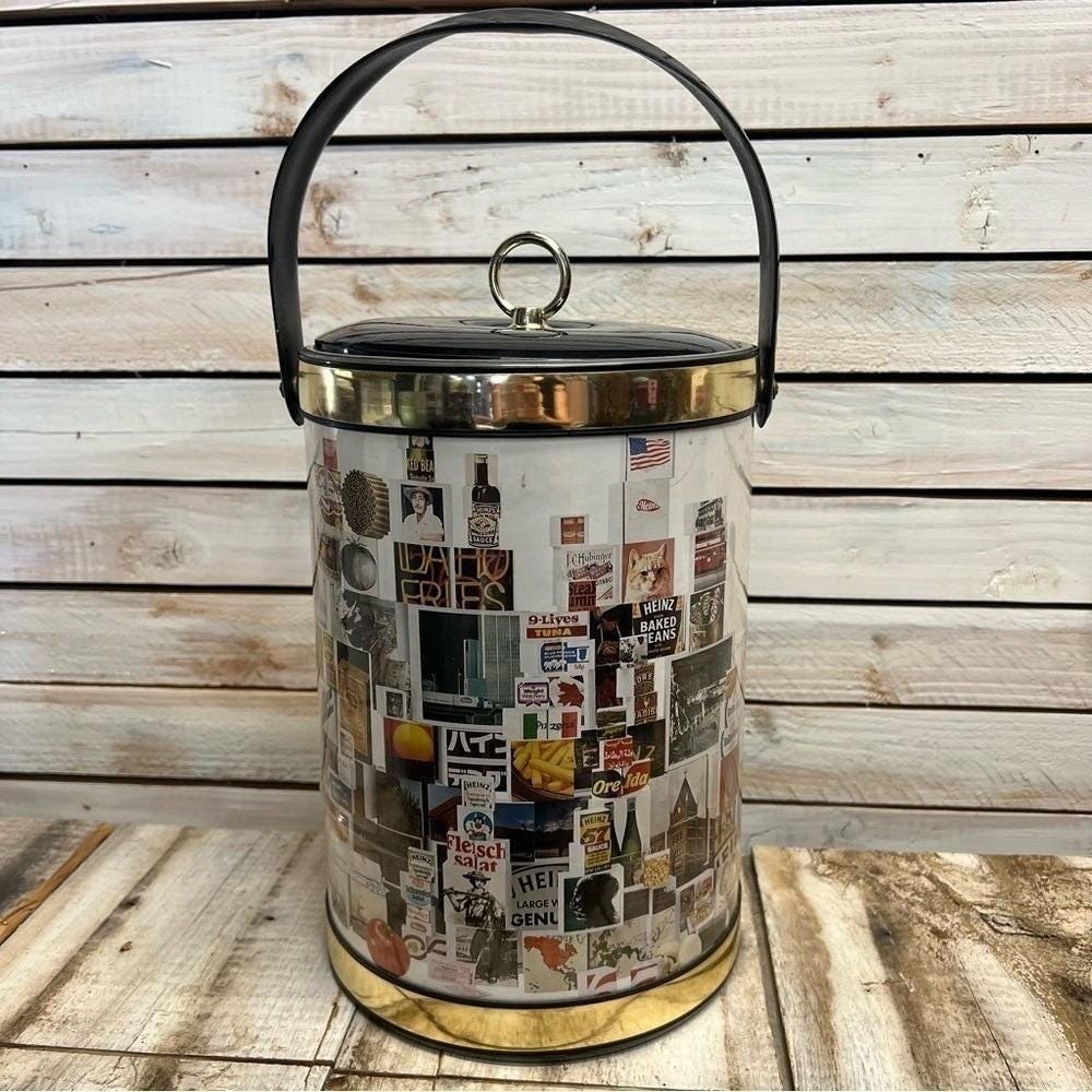 Vintage Retro Advertising Collage Ice Bucket Gold Tone Barware Mid Century